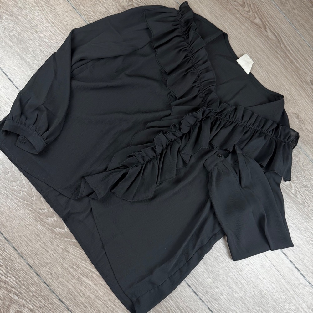 Mucho Women Blouse Ruffle Front Long Sleeve Chiffon Black XL